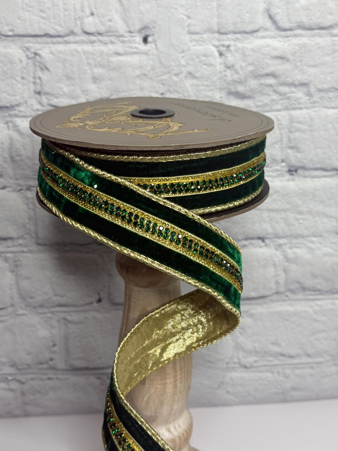 Emerald Velvet Ribbon With Jewel Center Trim – 1.5
