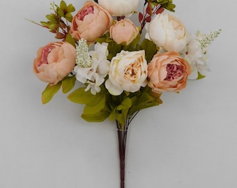Beige Peony Bush Floral Stems X 13- 2 tone for Wreath Supplies, Floral and Garden Wreath Embellishments, Blush Wedding Bouquet, 63220-2TBE