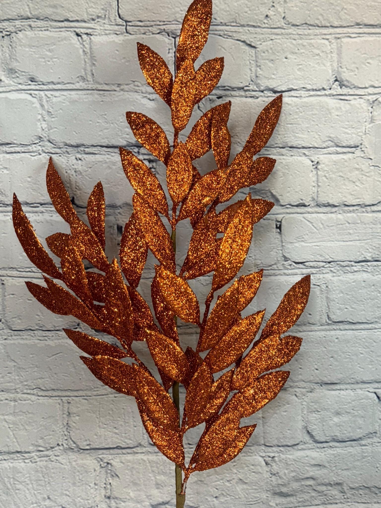 Orange Bay Leaf Glitter Spray 32”, Halloween or Fall Spray, Glitter Pick for Wreaths, Centerpieces, Swags, Garlands XS235320