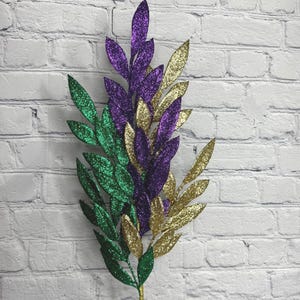 Mardi Gras Glitter Bay Leaf Spray 32" Mardi Gras Floral Accents for Wreaths, Wreath Embellishment Supplies, HG3286