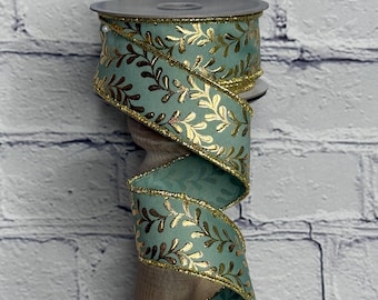 Sage Green Ribbon with Gold Leaf Garland – 1.5" x 10 Yards | Wired Ribbon for Elegant Wreaths, Bows, Seasonal Decor, LS301589