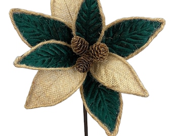 Green Velvet w/ Jute Poinsettia Pick 13" L x 10" Dia Winter Spray for Wreaths, Centerpieces, Swags, Garlands and Christmas Trees 85759GN