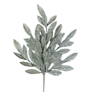Sage Green Glittered Bay Leaf Spray 23”,  Wreath Embellishment Supply, Floral Supply, Christmas Spray, XS618279