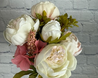 Cream and Pink Peony Bush X 13, Wreath Supplies, Floral and Garden Wreath Embellishments, Blush Wedding Bouquet, 63220-CRPK