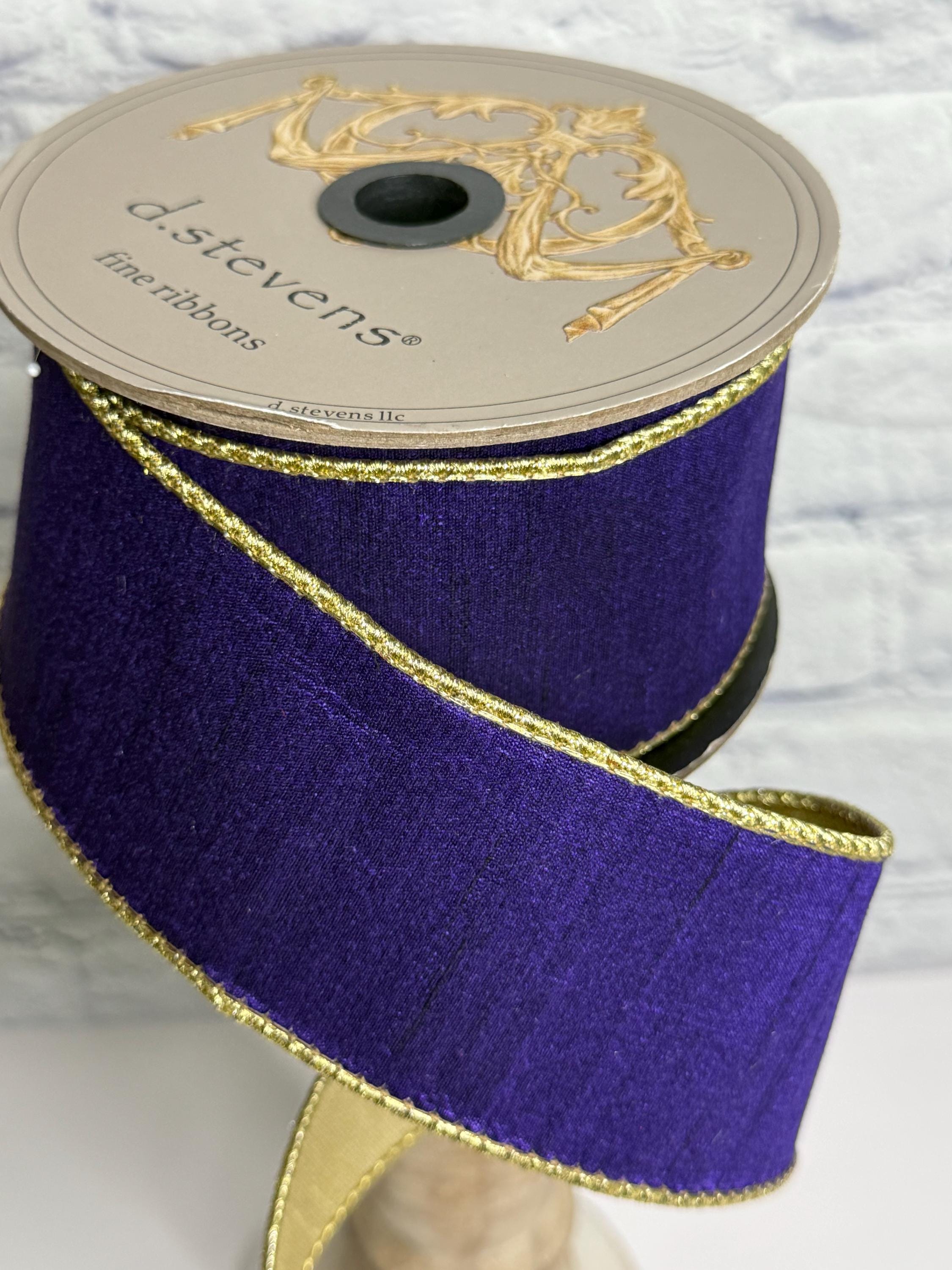 Purple Slub Dupion Ribbon With Metallic Gold Back, Regal Purple