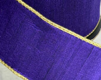 Purple Slub Dupion Ribbon With Metallic Gold Back, Regal Purple