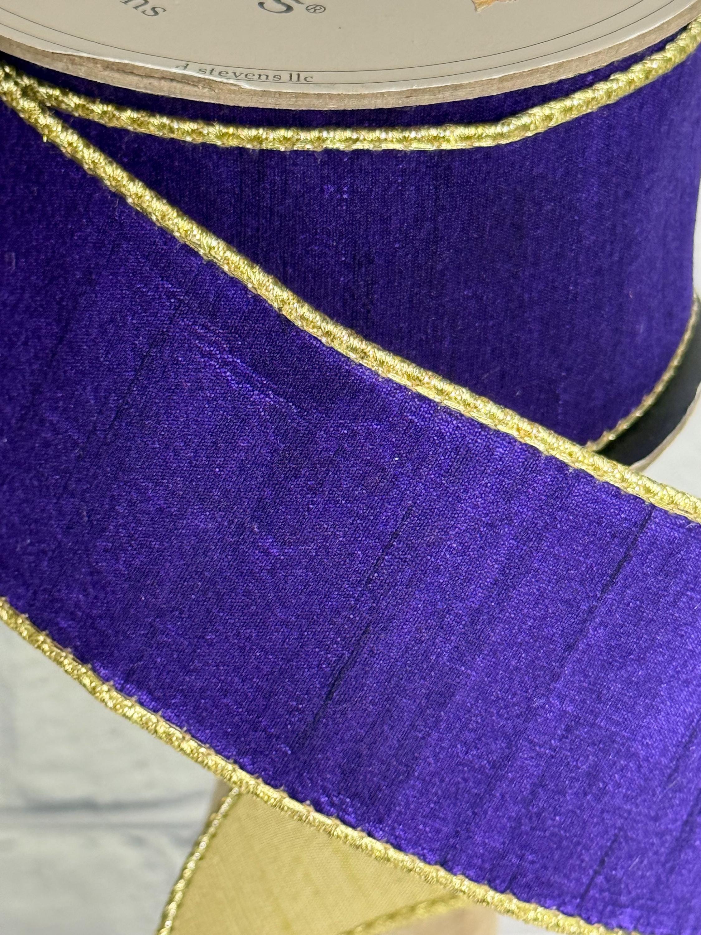 Purple Slub Dupion Ribbon With Metallic Gold Back, Regal Purple