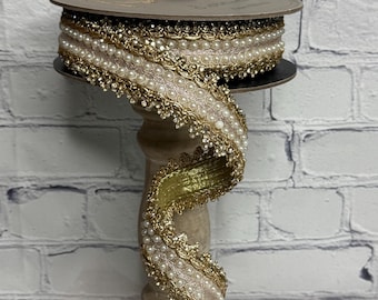 d. Stevens Metallic Gold Pearl Countess Trim Ribbon 1.75" x 5yd  | Luxury Jeweled Pearl Ribbon | Gold Metallic Trim |  05-1628