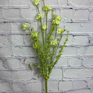 May include: A bundle of artificial flowers with light green blooms and stems. The flowers have small, clustered blossoms and are set against a white brick wall background. The stems are a darker green.
