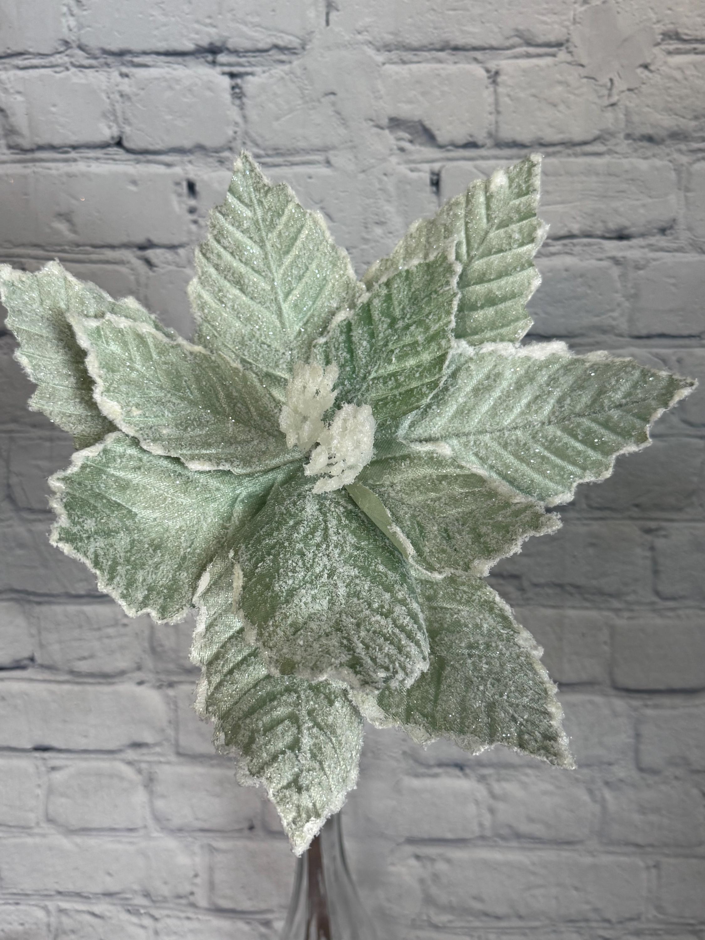 Mint Green Glitter Velvet Snow Edge Poinsettia Stem 24" Winter Spray ...