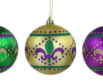 Ornament, Mardi Gras Fleur De Lis Ball 4", Accent for Wreaths, Wreath Embellishment Supplies, Mardi Gras Tree HG1103