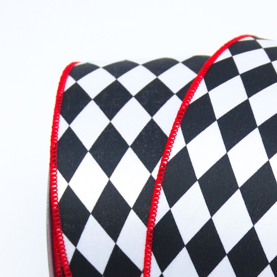 Black and White Jester Diamonds With Red Trim Wired Ribbon