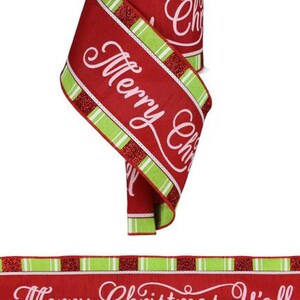 Merry Christmas Script on Royal Red, Pink, Lime Ribbon 4" x  10 Yds  Wired Ribbon for Wreaths, Crafts or Floral Designs CL9705