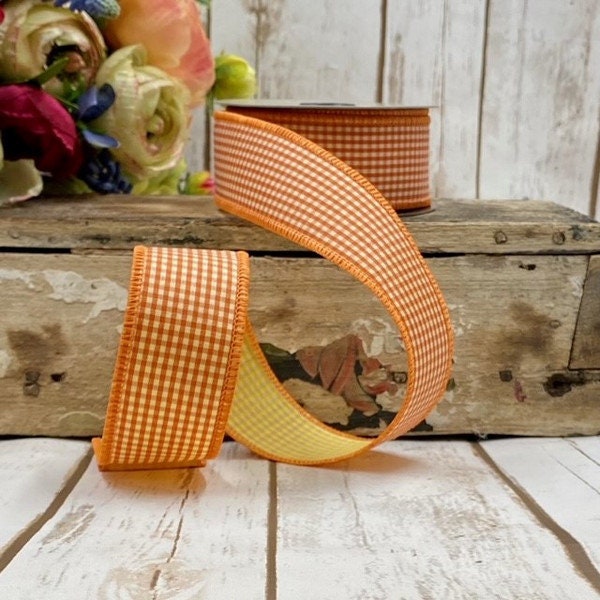 Orange and Yellow poplin gingham Wired Ribbon 1.5” x 10 Yds, Spring, Summer or Easter Ribbon for Wreaths or Floral Designs 09-4384