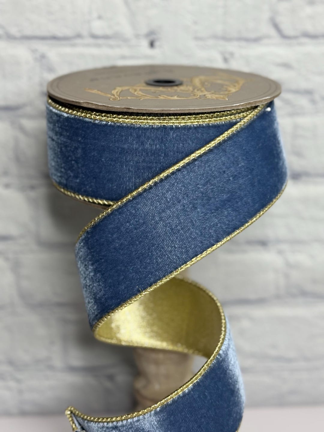 Dusty Blue Velvet Ribbon With Light Gold Metallic Gold Backing
