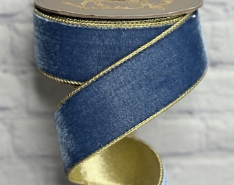 Dusty Blue Velvet Ribbon With Light Gold Metallic Gold Backing