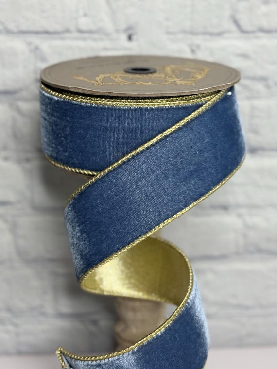 Dusty Blue Velvet Ribbon With Light Gold Metallic Gold Backing
