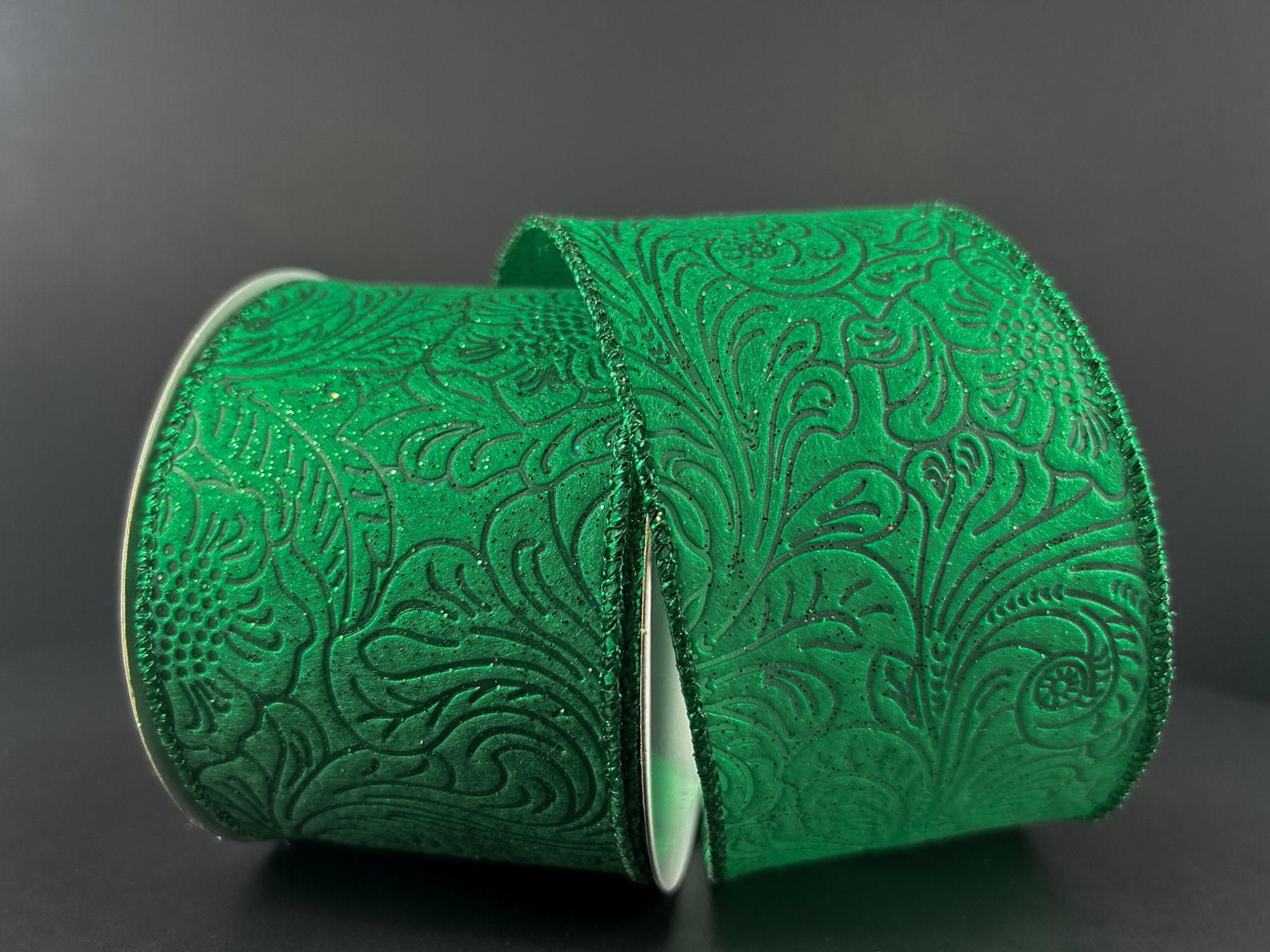 Embossed Ribbon, Emerald Green Glittered Floral, 2.5” X 10 Yards ...
