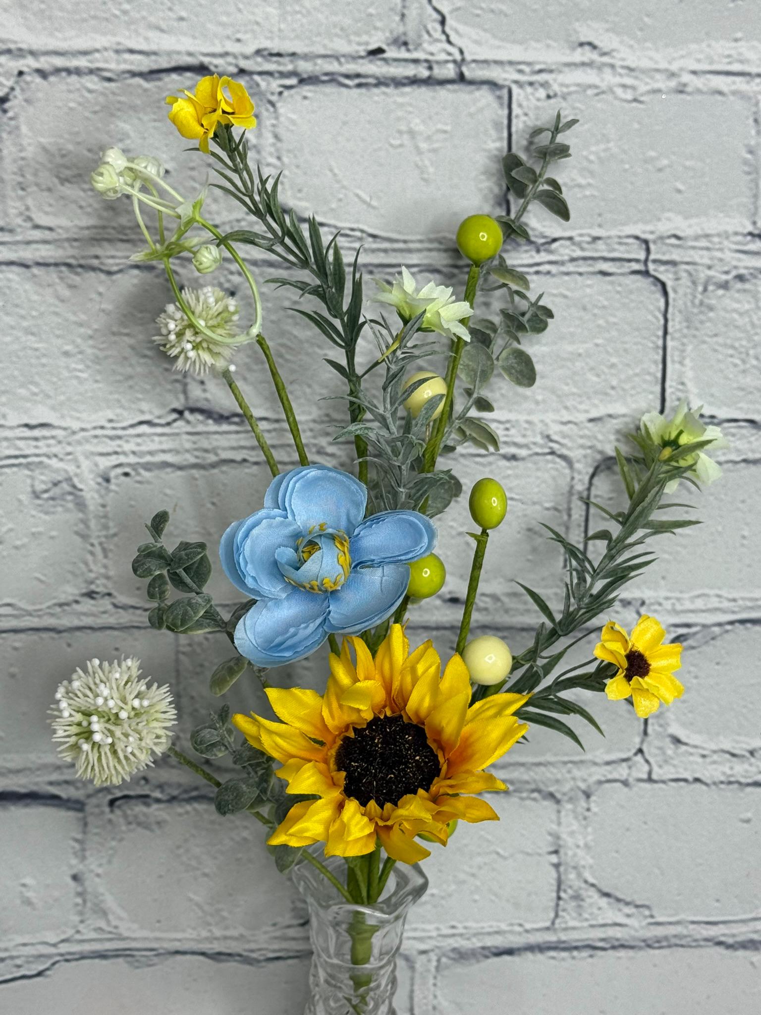 Sunflower Ranunculus Pick 16”, Sunflower and Greenery Vase Filler