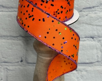 Halloween Orange w/ Lime, Purple, Black hex glitter 1.5” x 10 Yards, Ribbon for Wreaths, Crafts or Floral Designs, RGE171020