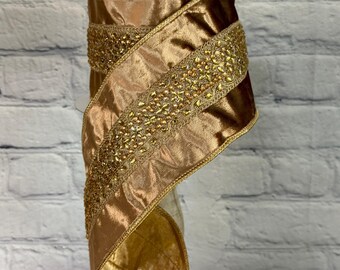 Copper Gold Velvet Ribbon with Jewel Trim 4" x 5 yd – Wired Edge – Elegant Fall & Christmas Ribbon, MTX74926