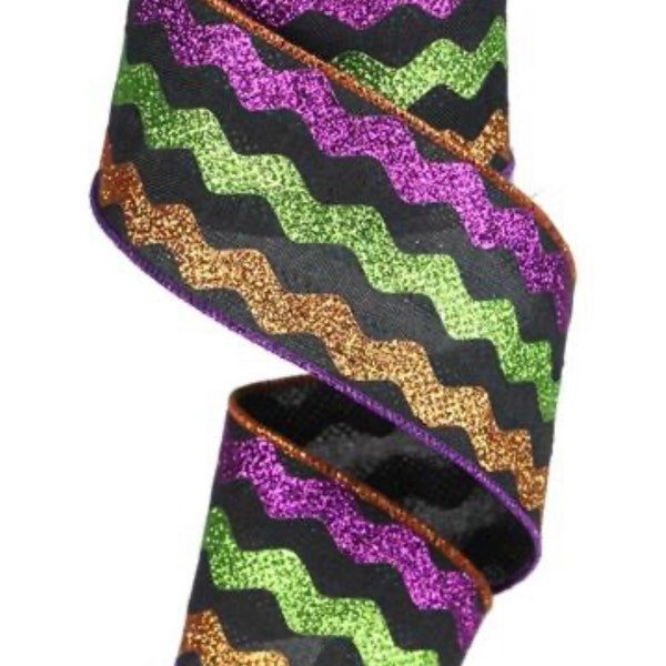Black with Copper, Lime, Purple Glitter Ricrac 2.5” x 10 Yards,  Ribbon for Wreaths, Crafts or Floral Designs RG20117X