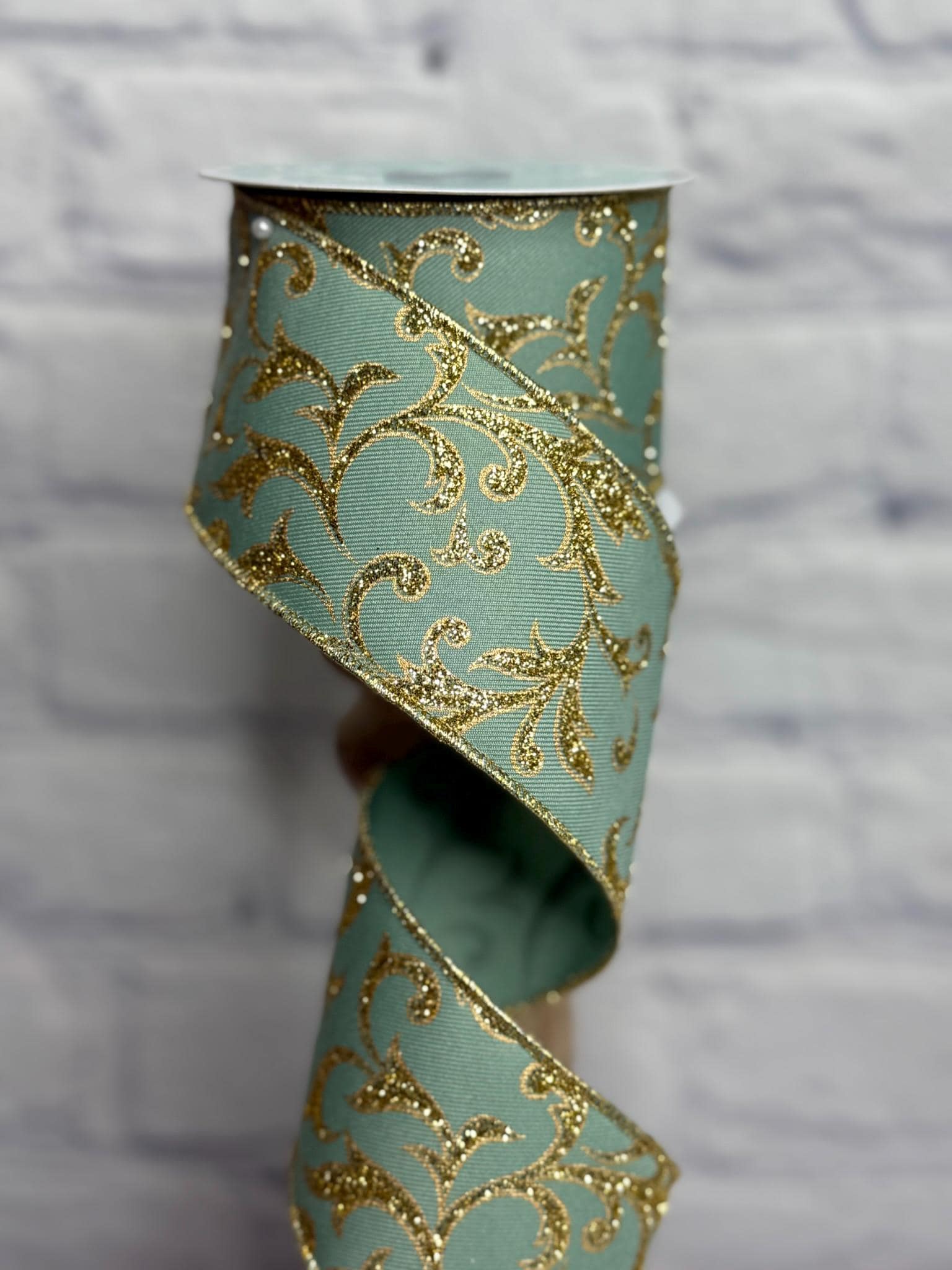 Sage Green Ribbon With Gold Glitter Acanthus Leaf – 2.5