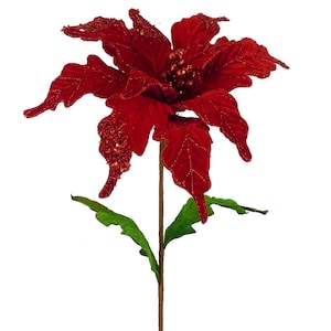 Red Poinsettia stem 30&quot; L x 13.5&quot; Dia, Glitter Pick Spray for Wreaths, Centerpieces, Swags, Garlands, Christmas Trees, 83089RD