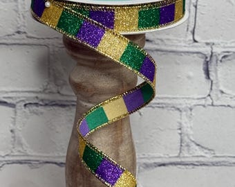 Mardi Gras Ribbon, Purple Green and Gold Glitter Stripes 5/8" x 10yd – Mardi Gras Ribbon, RGF1617WY