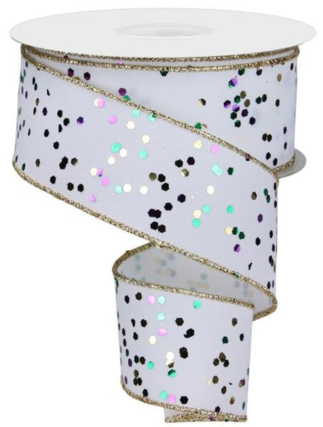 Mardi Gras White Sprinkled Hex Glitter Wired Ribbon 1.5” X 10 Yards ...