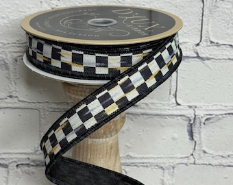 Mini Antique Checkerboard Ribbon – 7/8" x 10 Yards, Cream and Black Check with Multicolor Detail, Fused Wired Ribbon for Crafts LX322359