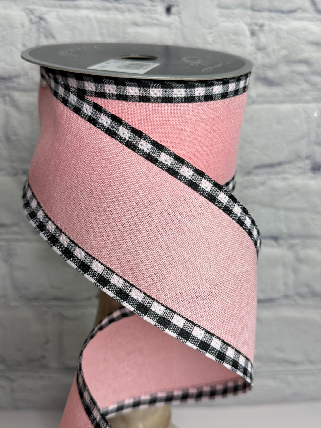 Blush Buffalo Check Border Wired Ribbon, 2.5