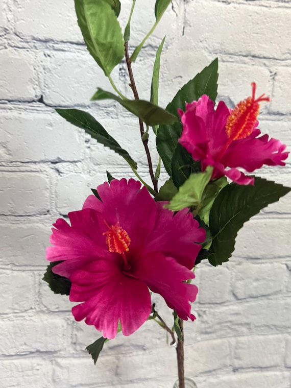 Hibiscus Spray, Fuchsia, Pink, 29” With 2 Flowers & 1 Bud
