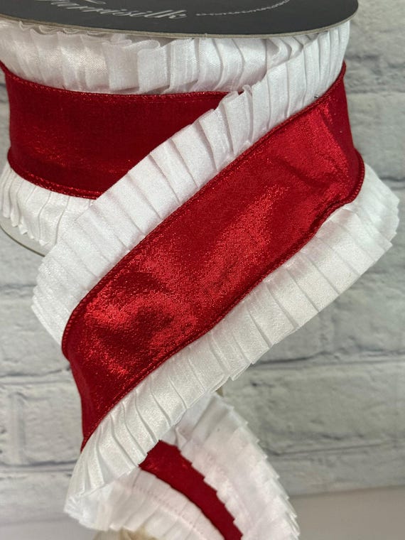 Red Ribbon with White Ruffled Edges – 4" x 10 Yards | Farrisilk Premium Designer Ribbon RG870-67