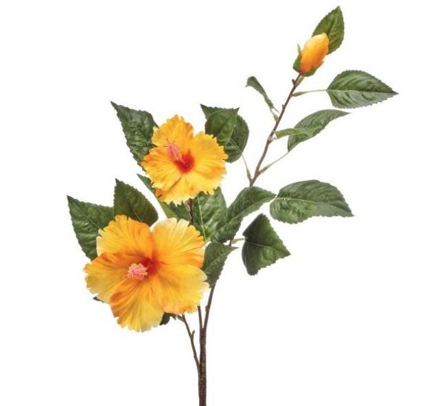 Hibiscus Spray, Yellow, 29” With 2 Flowers & 1 Bud, Tropical