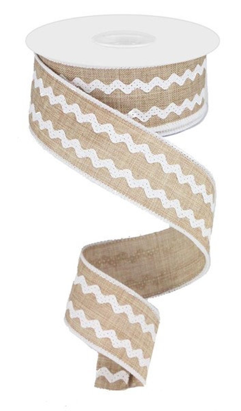 Beige Ribbon With White Ricrac 1.5” X 10 Yards Wired Ribbon, Ribbon for ...