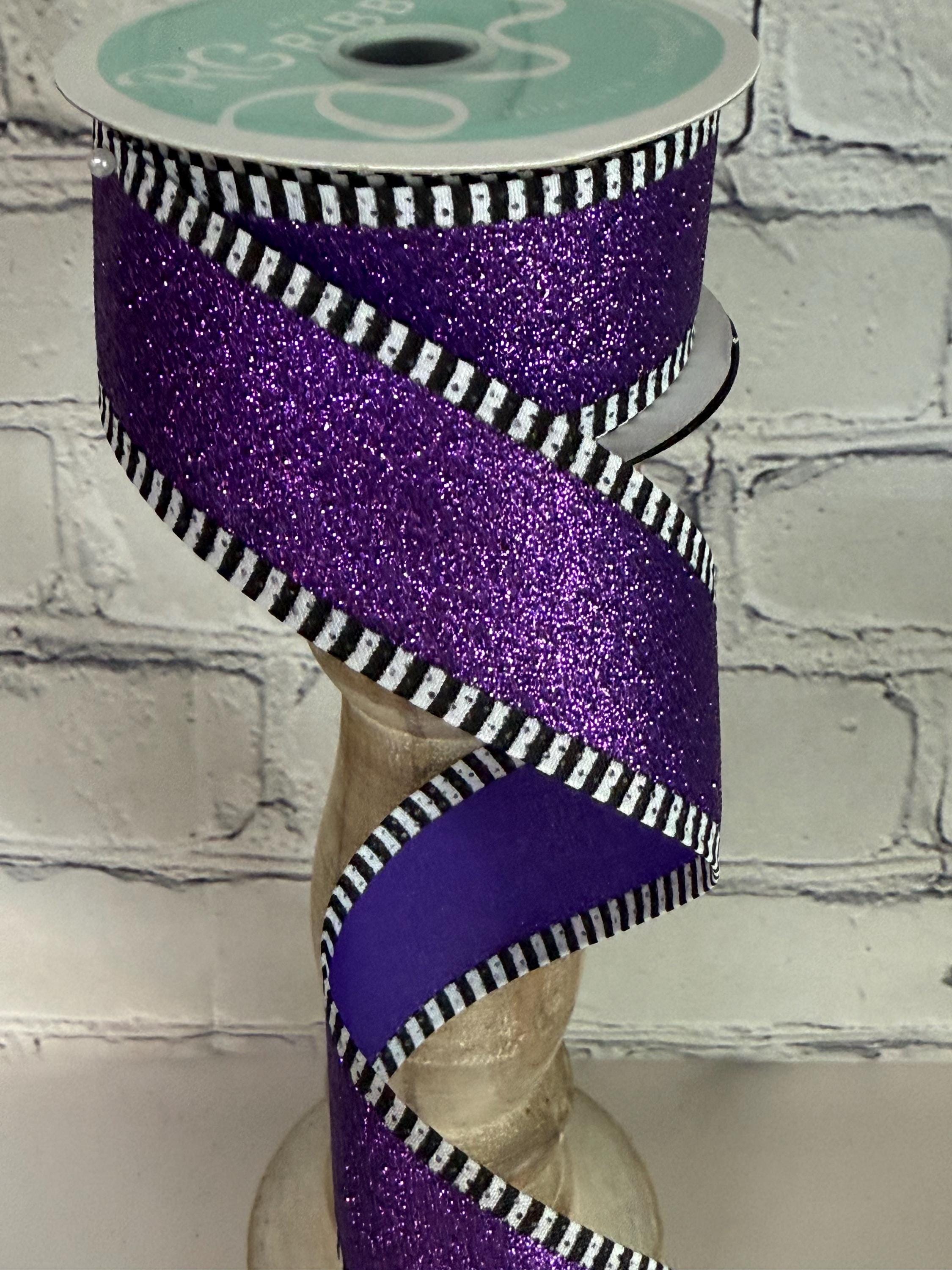 Purple Shimmer Glitter With Black and White Stripe Wired Ribbon