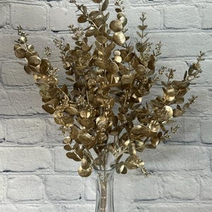 Champagne Gold Glitter Eucalyptus, 20&quot;, Gold Christmas Decor, Gold Vase Filler, Winter Stem Wreath Supply, Floral Supply, 84340