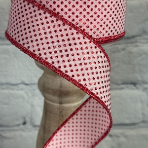 Pale Pink Wired Ribbon with Glitter Red Micro Dots 1.5” x 10 Yards, Ribbon for Wreaths, Crafts or Floral Designs, RGA1731T2