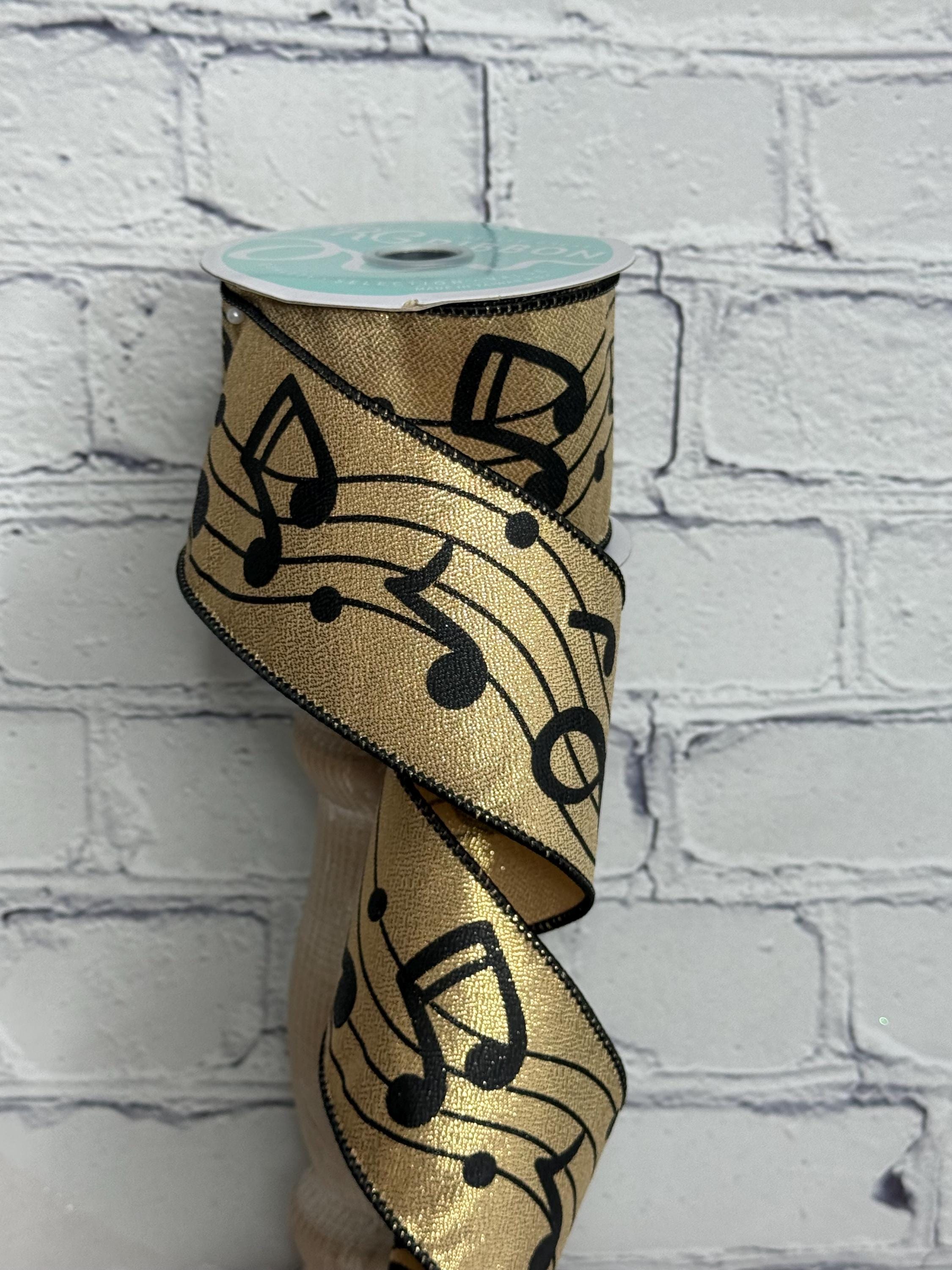 Bold Music Notes Ribbon – Metallic Gold With Black Notes, 2.5