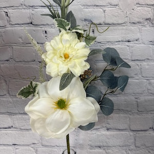 Magnolia Dahlia Eucalyptus Spray 28&quot;, Spring and Summer Greenery Wreath Embellishment Supply, Floral Supply, 83524