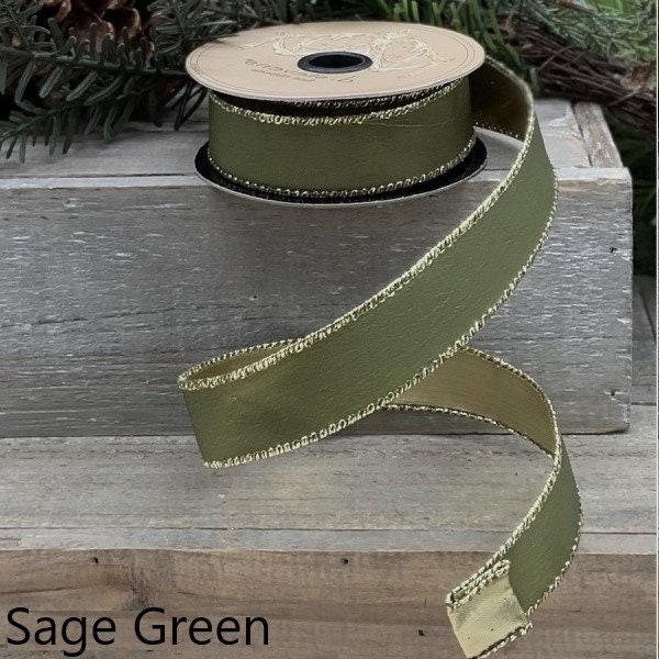 Sage Green Gold Backing Taffeta Wired Ribbon 1” x 10 Yds, Spring, Summer,  Fall or Easter Ribbon for Wreaths or Floral Designs 09-2534