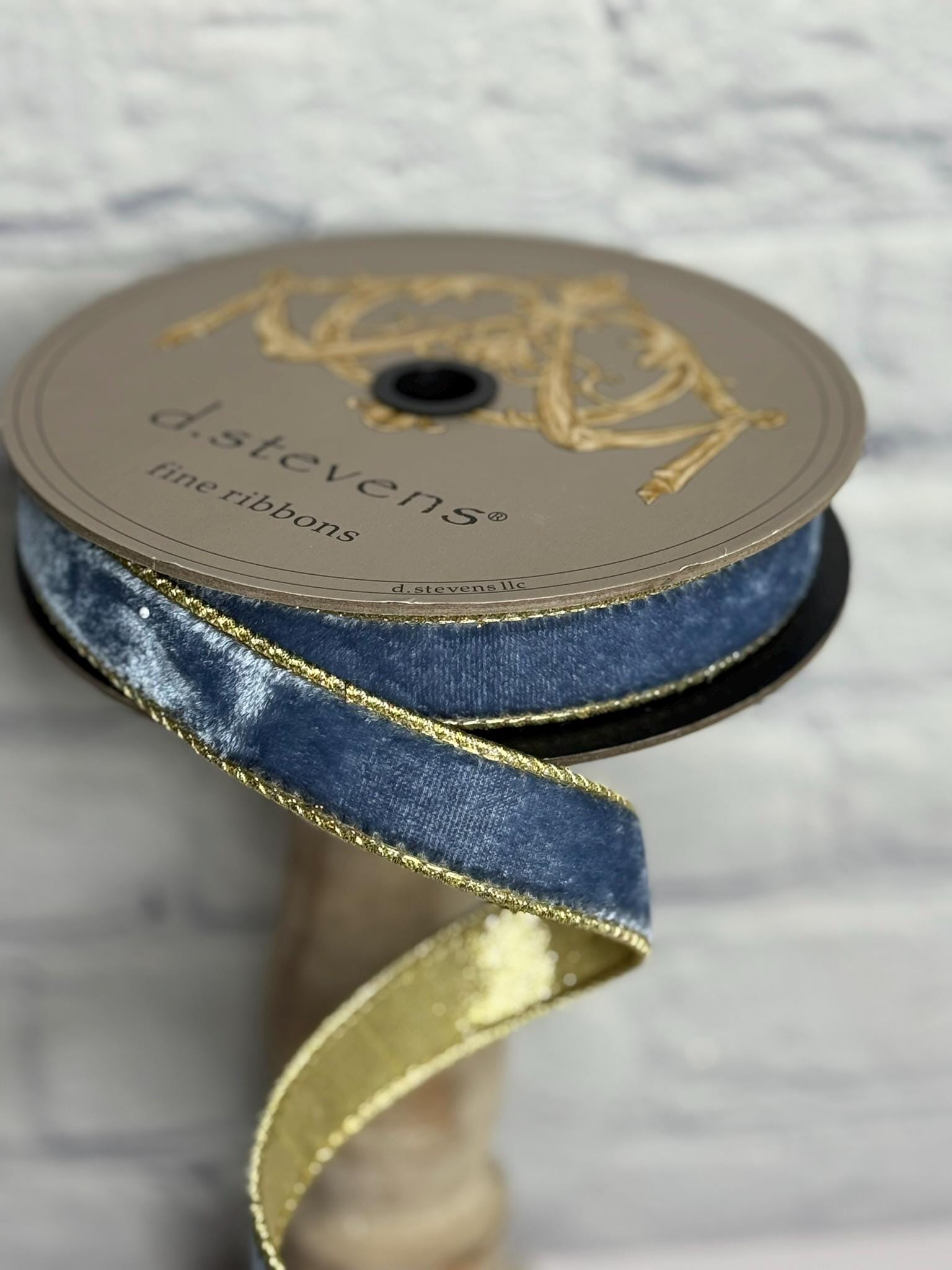 Dusty Blue Velvet Ribbon With Light Gold Metallic Gold Backing, 1