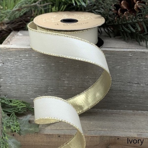 Ivory With Gold Backing Taffeta Wired Ribbon 1” x 10 Yds, Spring, Summer, Fall or Easter Ribbon for Wreaths or Floral Designs 09-2519