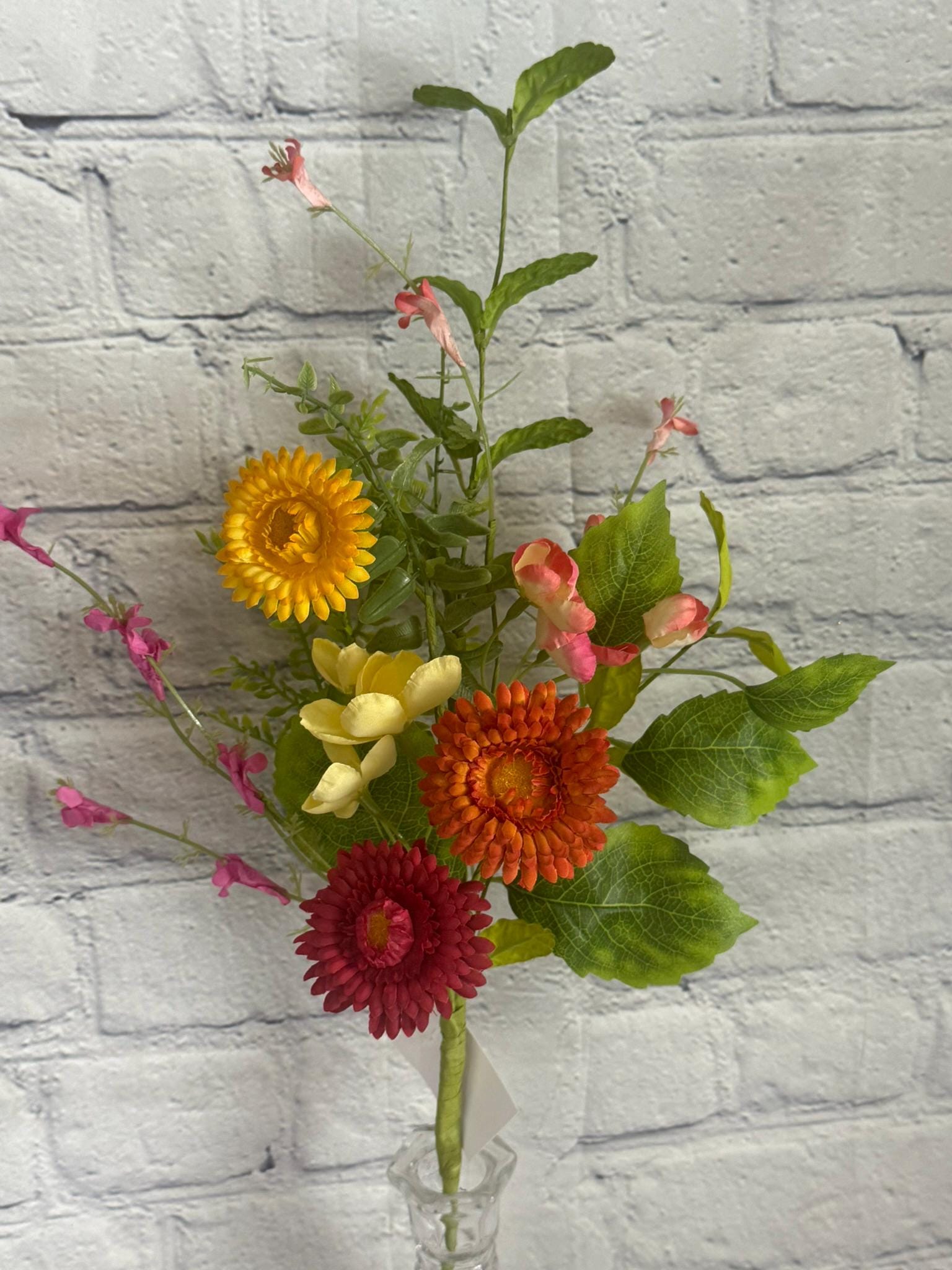 Mixed Spring or Summer Flower Pick 19”, Yellow, Red & Orange