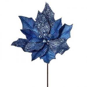 Blue Creased Velvet and Glitter Poinsettia Stem 24&quot; Winter Spray for Wreaths, Centerpieces, Swags, Garlands and Christmas Trees