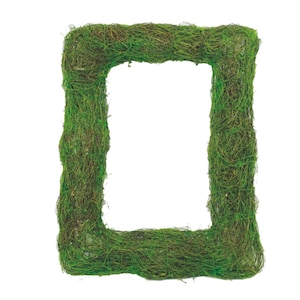 May include: A green moss picture frame with a rectangular opening. The frame is made of natural moss and has a rustic, organic look.