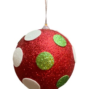 Ornament, Red, Green and White Glitter Polkadot Ball, 5",  Christmas Ornament, Halloween Ornament, Wreath Attachment 84175RWG