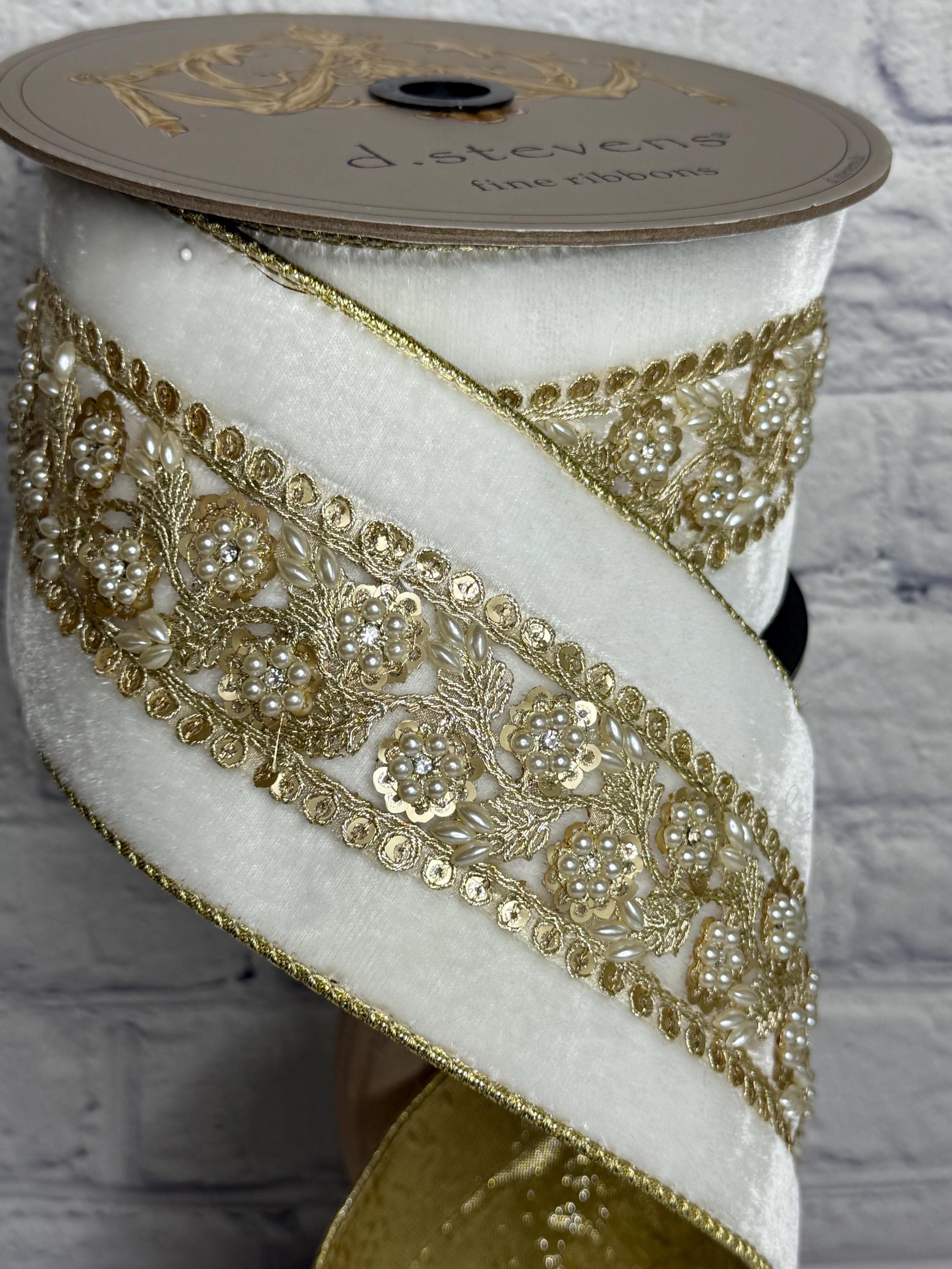 Winter White Velvet Ribbon With Gold Sequin & Pearl Trim 4