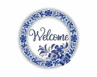 Welcome Sign with Blue and White Florals – 8" Metal Welcome Sign  MD1355